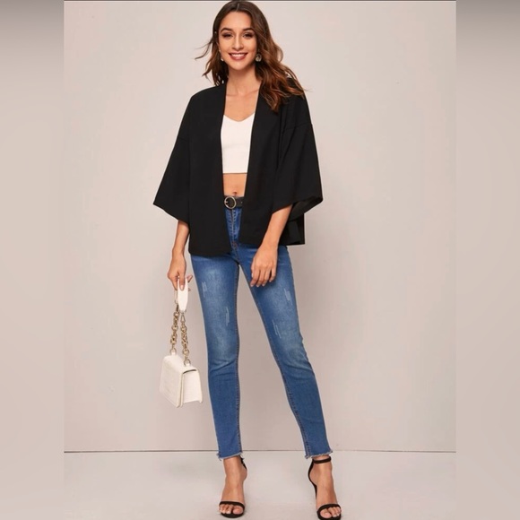 Black Drop Shoulder Bell Sleeve Solid Kimono SHEIN Size L - Picture 3 of 5
